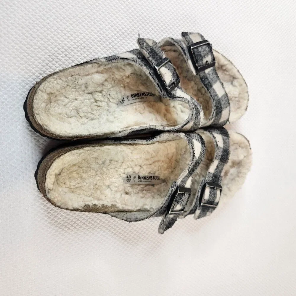 Birkenstock Mens Size 43 US 10 Arizona White Gray Shearling Plaid Natural Wool